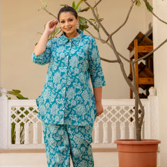 Teal Blue Cotton Printed Co-Ord Set with Collar Neck & Matching Pant (Plus Size)