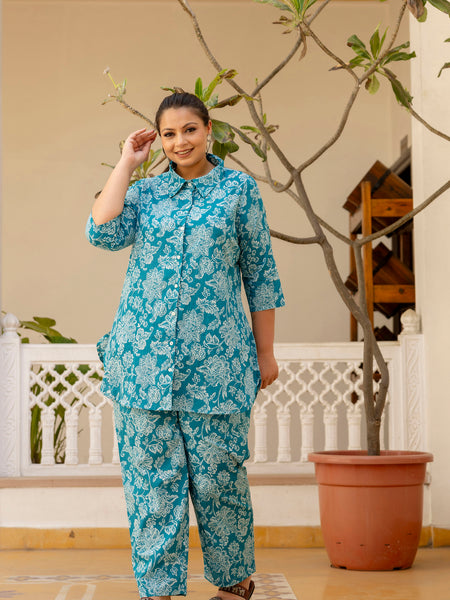 Teal Blue Cotton Printed Co-Ord Set with Collar Neck & Matching Pant (Plus Size)