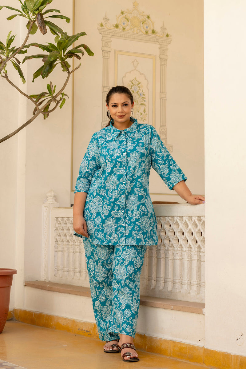 Teal Blue Cotton Printed Co-Ord Set with Collar Neck & Matching Pant (Plus Size)