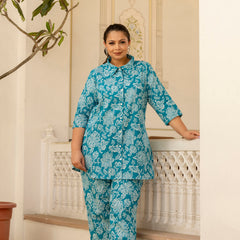 Teal Blue Cotton Printed Co-Ord Set with Collar Neck & Matching Pant (Plus Size)