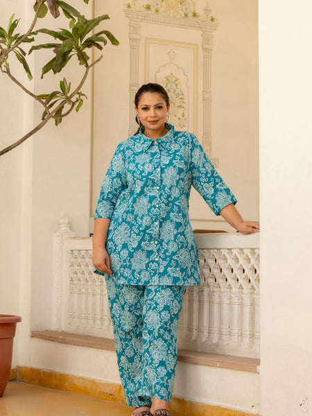 Teal Blue Cotton Printed Co-Ord Set with Collar Neck & Matching Pant (Plus Size)