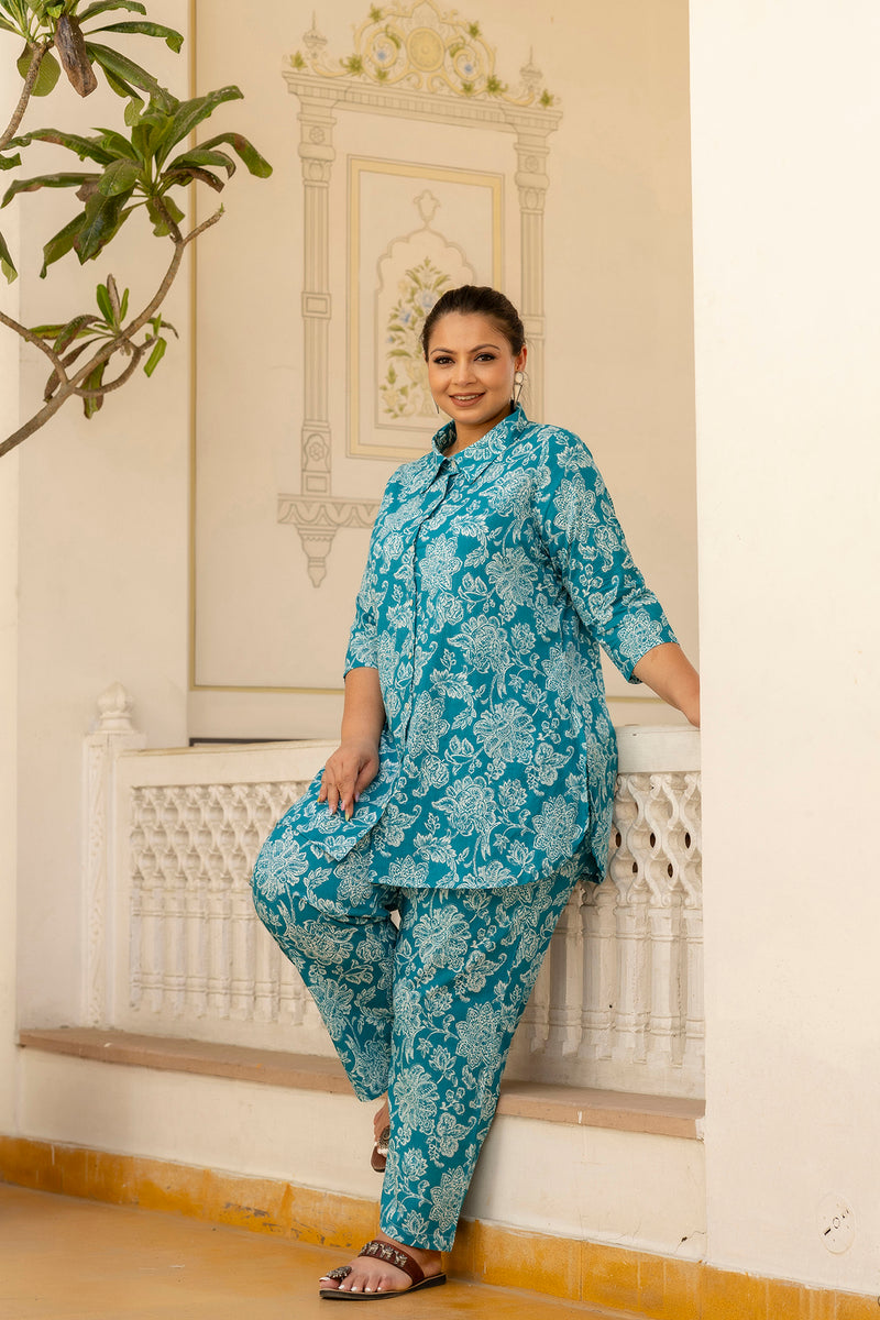 Teal Blue Cotton Printed Co-Ord Set with Collar Neck & Matching Pant (Plus Size)
