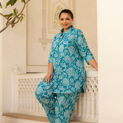 Teal Blue Cotton Printed Co-Ord Set with Collar Neck & Matching Pant (Plus Size)