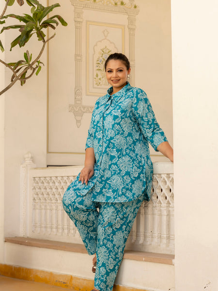 Teal Blue Cotton Printed Co-Ord Set with Collar Neck & Matching Pant (Plus Size)