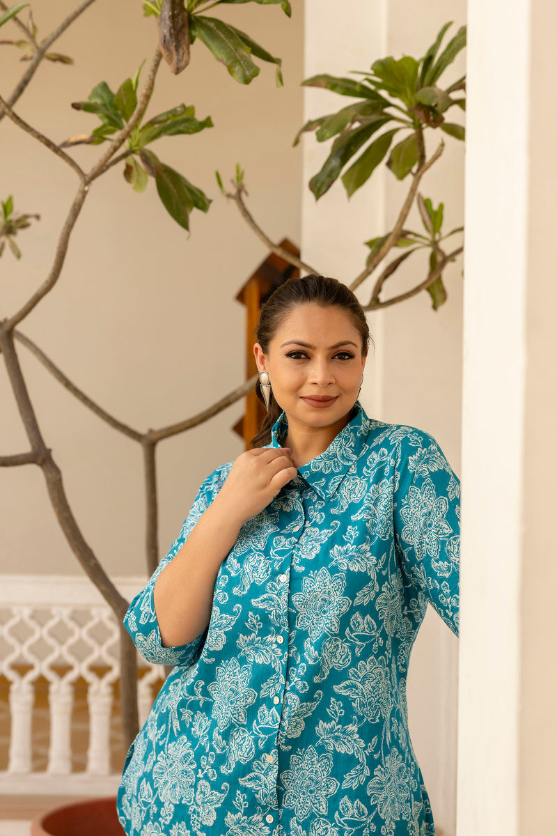 Teal Blue Cotton Printed Co-Ord Set with Collar Neck & Matching Pant (Plus Size)