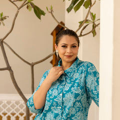Teal Blue Cotton Printed Co-Ord Set with Collar Neck & Matching Pant (Plus Size)