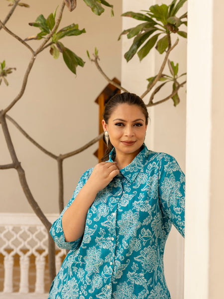 Teal Blue Cotton Printed Co-Ord Set with Collar Neck & Matching Pant (Plus Size)