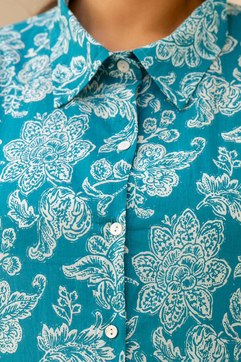 Teal Blue Cotton Printed Co-Ord Set with Collar Neck & Matching Pant (Plus Size)