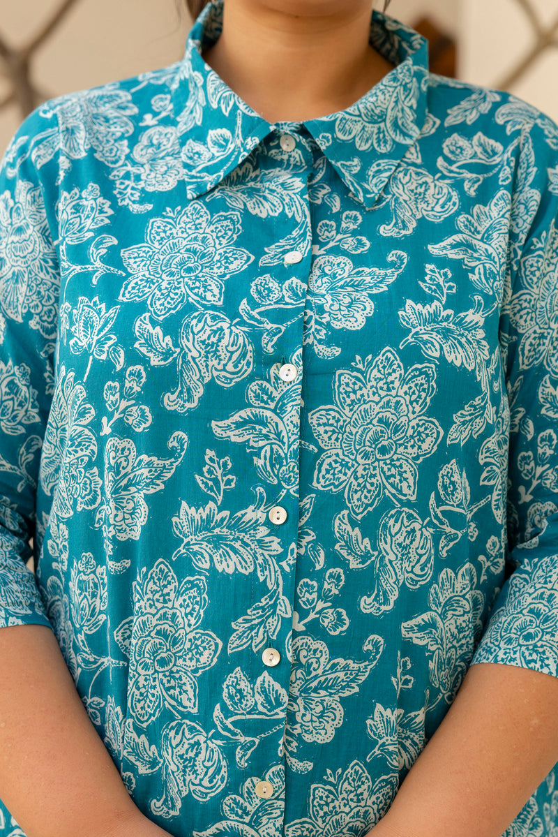 Teal Blue Cotton Printed Co-Ord Set with Collar Neck & Matching Pant (Plus Size)