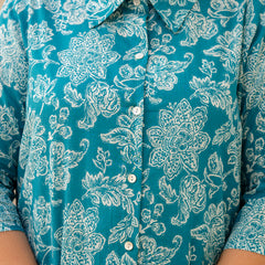 Teal Blue Cotton Printed Co-Ord Set with Collar Neck & Matching Pant (Plus Size)
