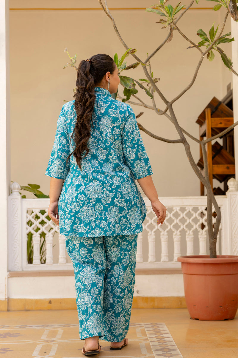 Teal Blue Cotton Printed Co-Ord Set with Collar Neck & Matching Pant (Plus Size)