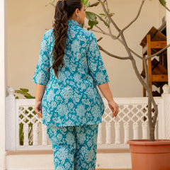 Teal Blue Cotton Printed Co-Ord Set with Collar Neck & Matching Pant (Plus Size)