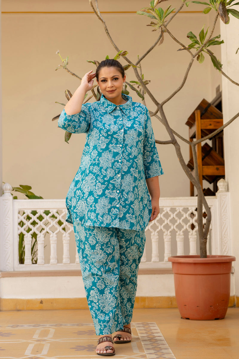 Teal Blue Cotton Printed Co-Ord Set with Collar Neck & Matching Pant (Plus Size)