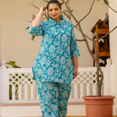 Teal Blue Cotton Printed Co-Ord Set with Collar Neck & Matching Pant (Plus Size)