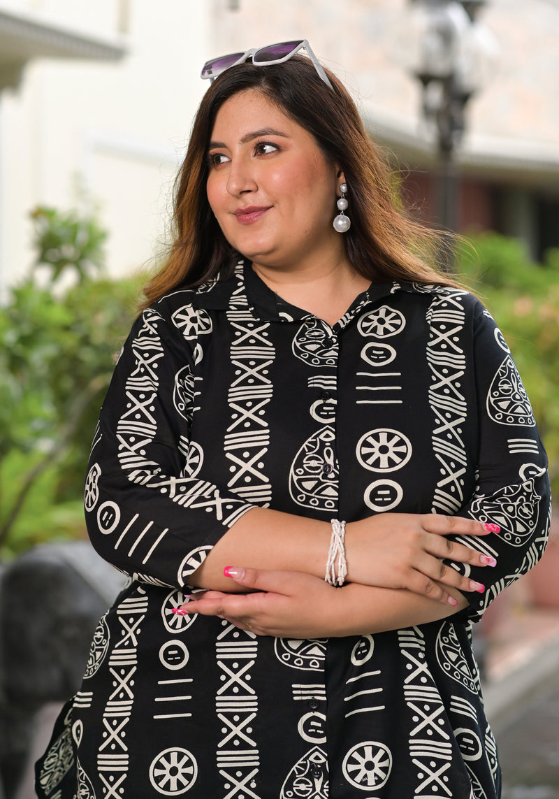 Black Rayon Printed Co-Ord Set with Collar Neck & Matching Pant (Plus Size)