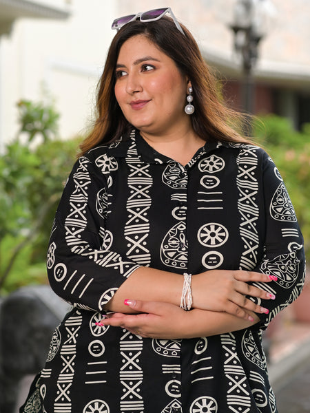 Black Rayon Printed Co-Ord Set with Collar Neck & Matching Pant (Plus Size)