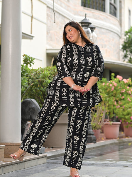 Black Rayon Printed Co-Ord Set with Collar Neck & Matching Pant (Plus Size)