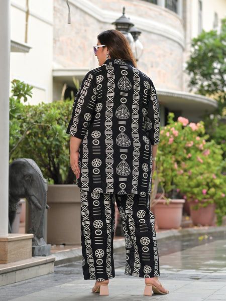 Black Rayon Printed Co-Ord Set with Collar Neck & Matching Pant (Plus Size)