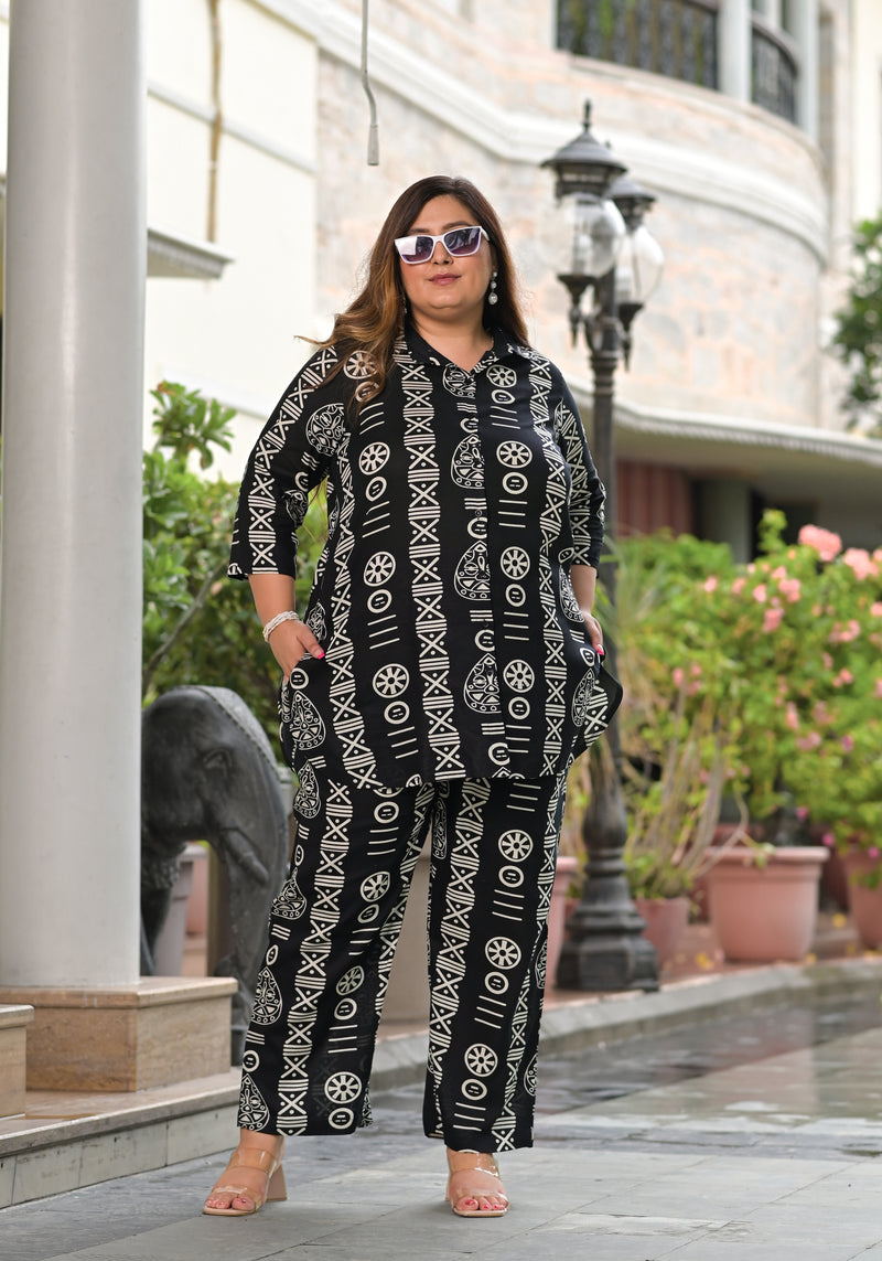 Black Rayon Printed Co-Ord Set with Collar Neck & Matching Pant (Plus Size)