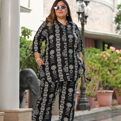 Black Rayon Printed Co-Ord Set with Collar Neck & Matching Pant (Plus Size)