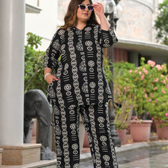 Black Rayon Printed Co-Ord Set with Collar Neck & Matching Pant (Plus Size)