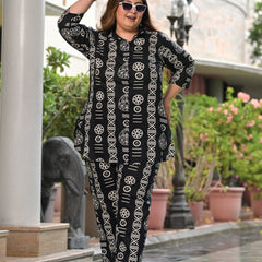 Black Rayon Printed Co-Ord Set with Collar Neck & Matching Pant (Plus Size)