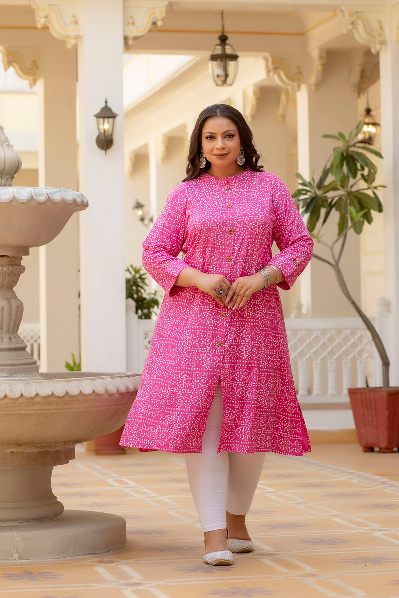 Rayon Printed Pink Calf-Length Kurti with Three Quarter Sleeves (Plus Size)