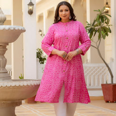 Rayon Printed Pink Calf-Length Kurti with Three Quarter Sleeves (Plus Size)