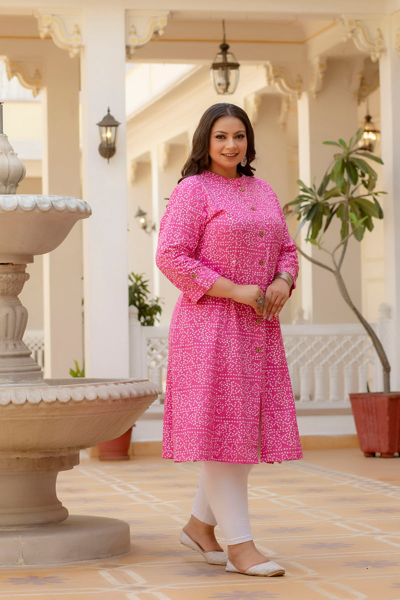 Rayon Printed Pink Calf-Length Kurti with Three Quarter Sleeves (Plus Size)