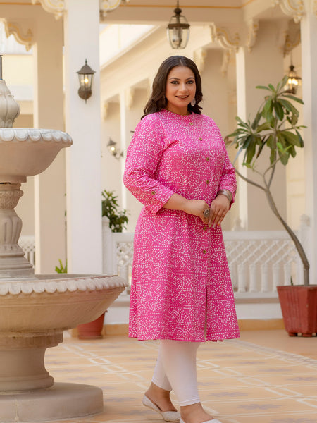 Rayon Printed Pink Calf-Length Kurti with Three Quarter Sleeves (Plus Size)