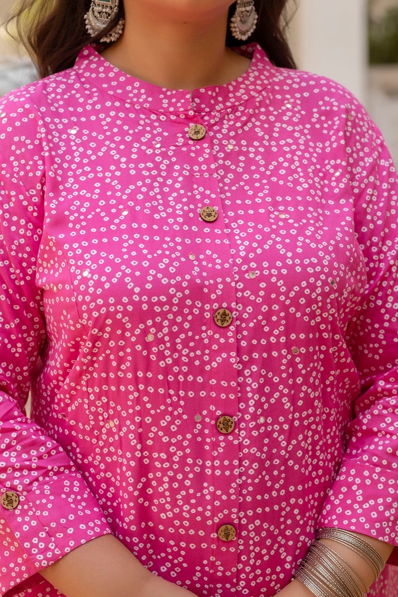 Rayon Printed Pink Calf-Length Kurti with Three Quarter Sleeves (Plus Size)