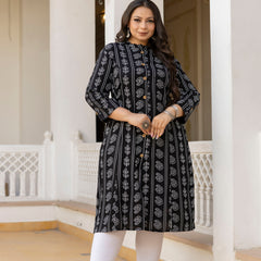 Rayon Printed Black Calf-Length Kurti with Three Quarter Sleeves (Plus Size)