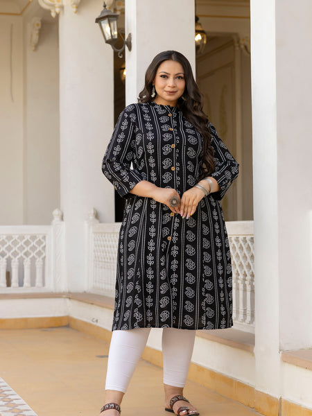 Rayon Printed Black Calf-Length Kurti with Three Quarter Sleeves (Plus Size)