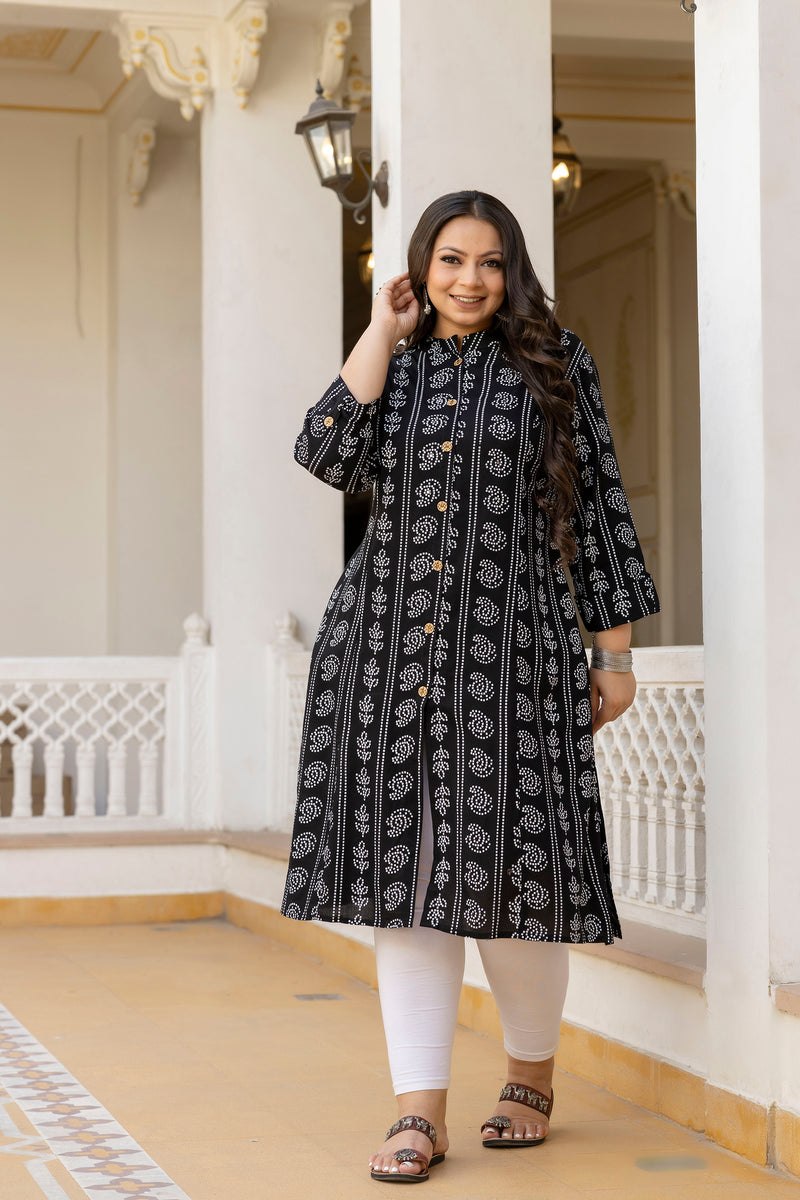 Rayon Printed Black Calf-Length Kurti with Three Quarter Sleeves (Plus Size)