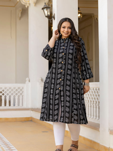 Rayon Printed Black Calf-Length Kurti with Three Quarter Sleeves (Plus Size)