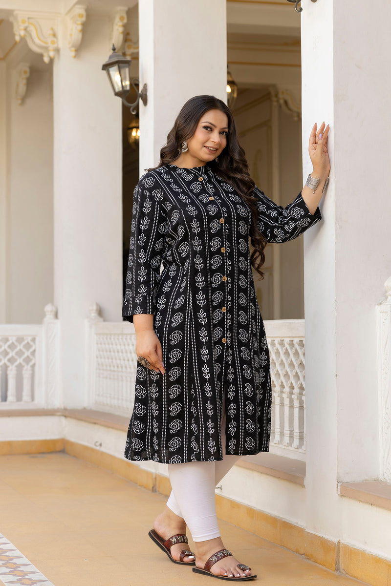 Rayon Printed Black Calf-Length Kurti with Three Quarter Sleeves (Plus Size)