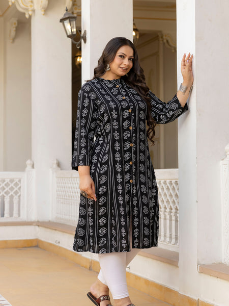 Rayon Printed Black Calf-Length Kurti with Three Quarter Sleeves (Plus Size)