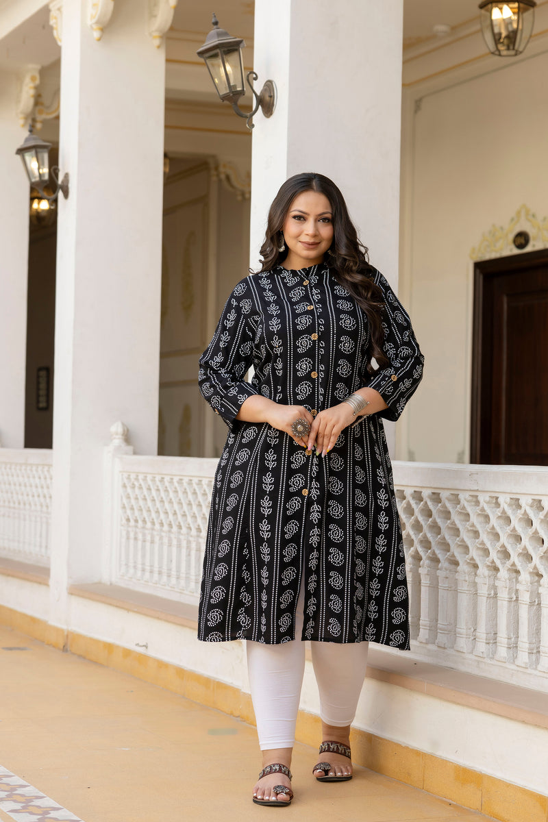Rayon Printed Black Calf-Length Kurti with Three Quarter Sleeves (Plus Size)