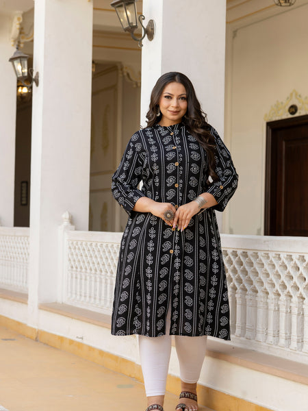 Rayon Printed Black Calf-Length Kurti with Three Quarter Sleeves (Plus Size)