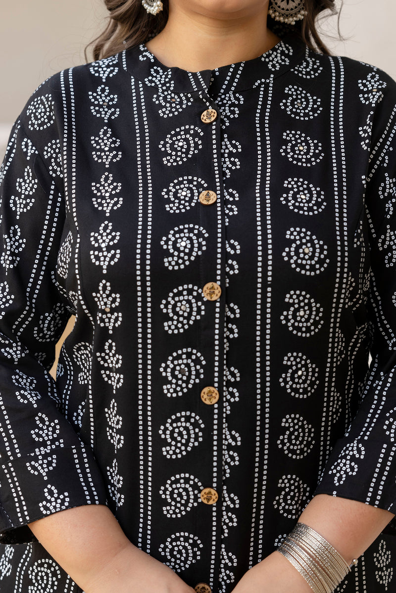 Rayon Printed Black Calf-Length Kurti with Three Quarter Sleeves (Plus Size)