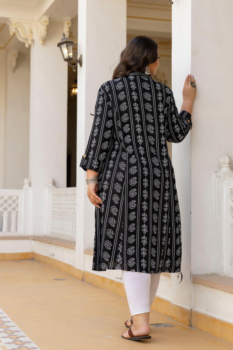 Rayon Printed Black Calf-Length Kurti with Three Quarter Sleeves (Plus Size)
