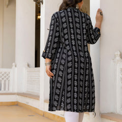 Rayon Printed Black Calf-Length Kurti with Three Quarter Sleeves (Plus Size)
