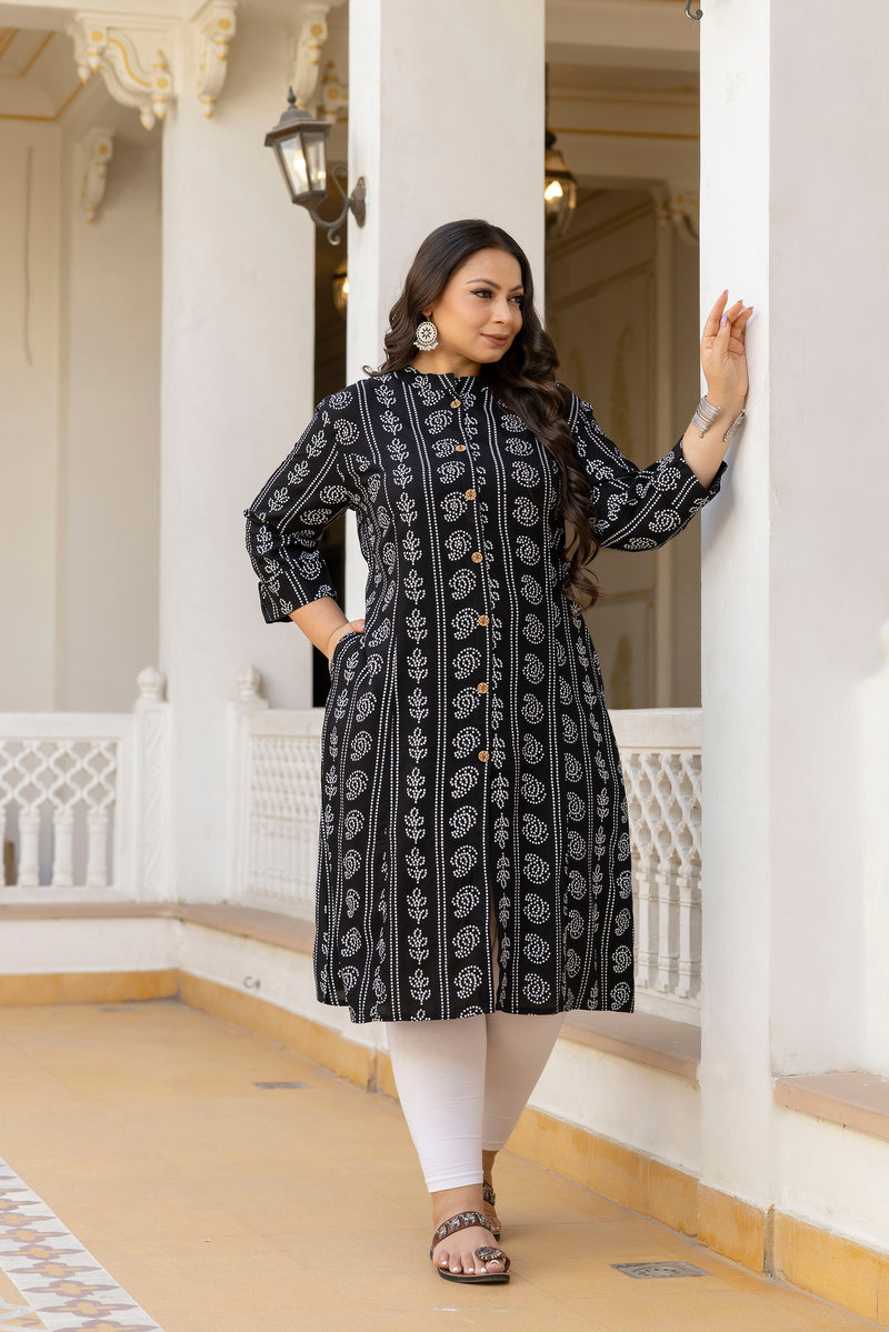 Rayon Printed Black Calf-Length Kurti with Three Quarter Sleeves (Plus Size)