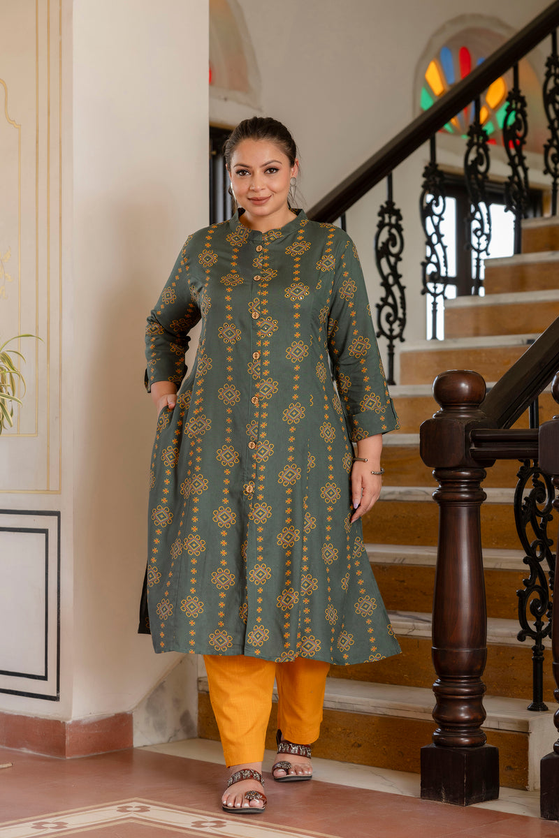 Rayon Printed Green Calf-Length Kurti with Three Quarter Sleeves (Plus Size)