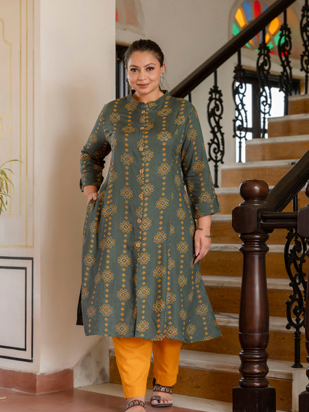 Rayon Printed Green Calf-Length Kurti with Three Quarter Sleeves (Plus Size)