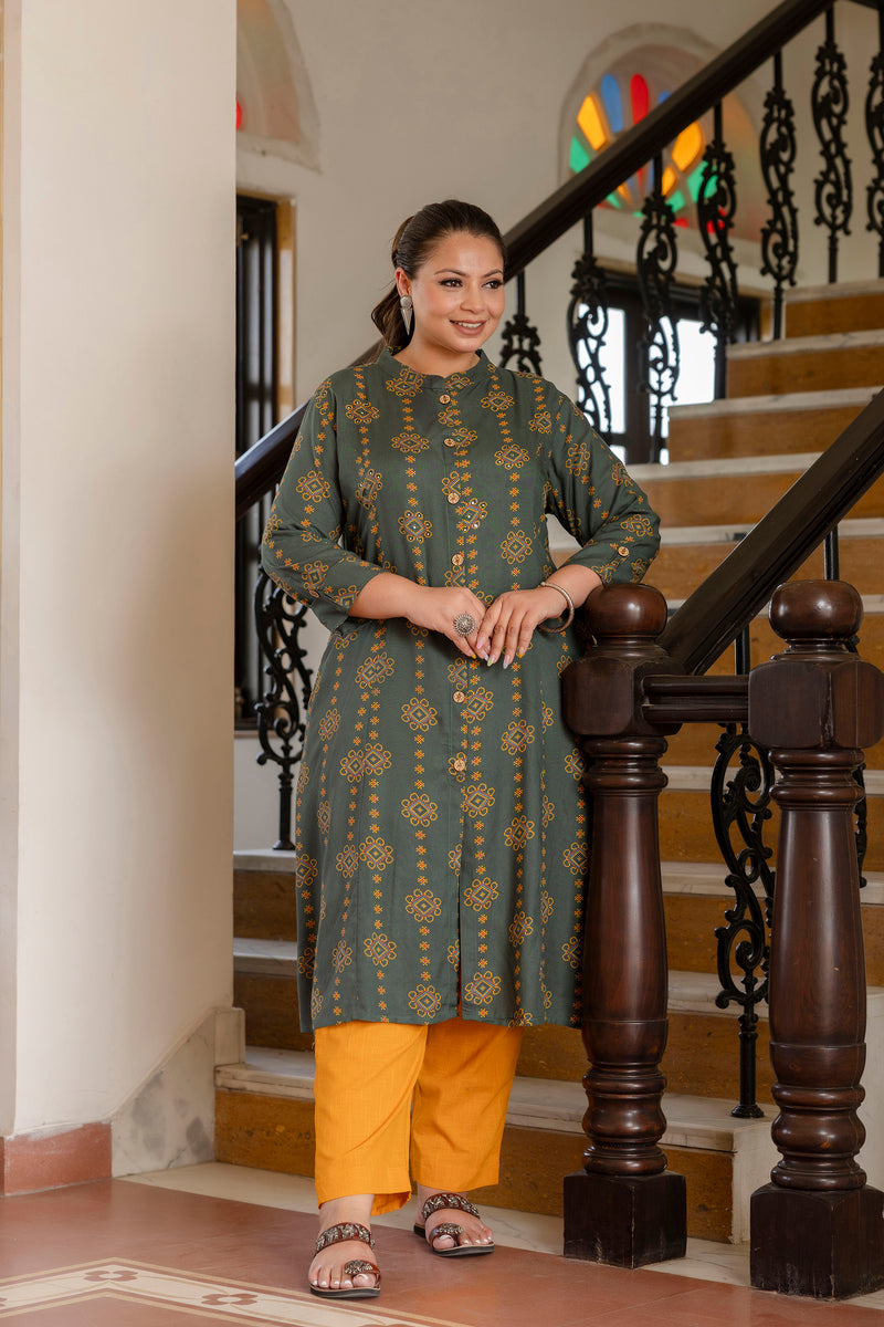 Rayon Printed Green Calf-Length Kurti with Three Quarter Sleeves (Plus Size)