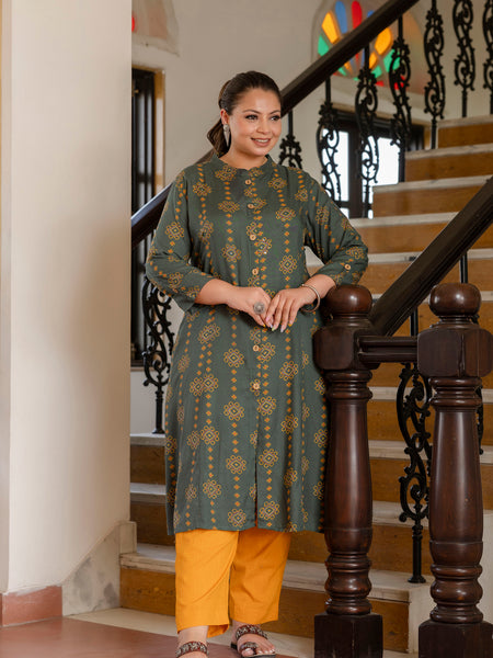 Rayon Printed Green Calf-Length Kurti with Three Quarter Sleeves (Plus Size)