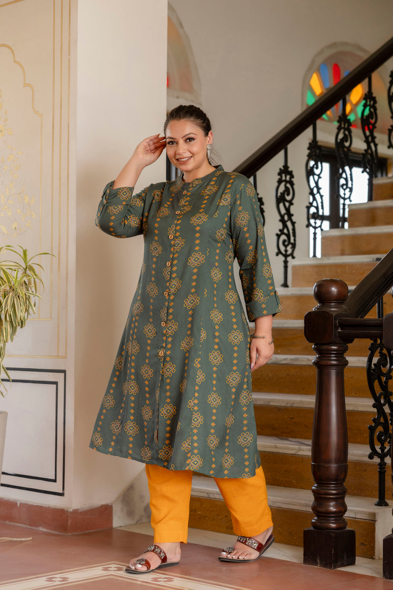 Rayon Printed Green Calf-Length Kurti with Three Quarter Sleeves (Plus Size)
