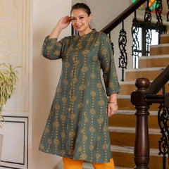 Rayon Printed Green Calf-Length Kurti with Three Quarter Sleeves (Plus Size)