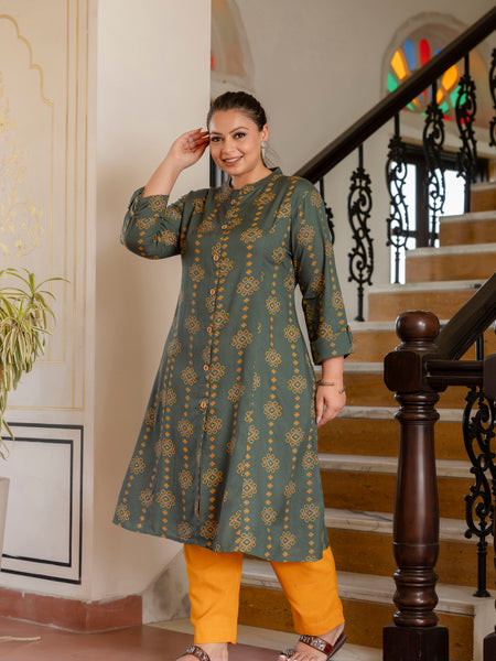 Rayon Printed Green Calf-Length Kurti with Three Quarter Sleeves (Plus Size)